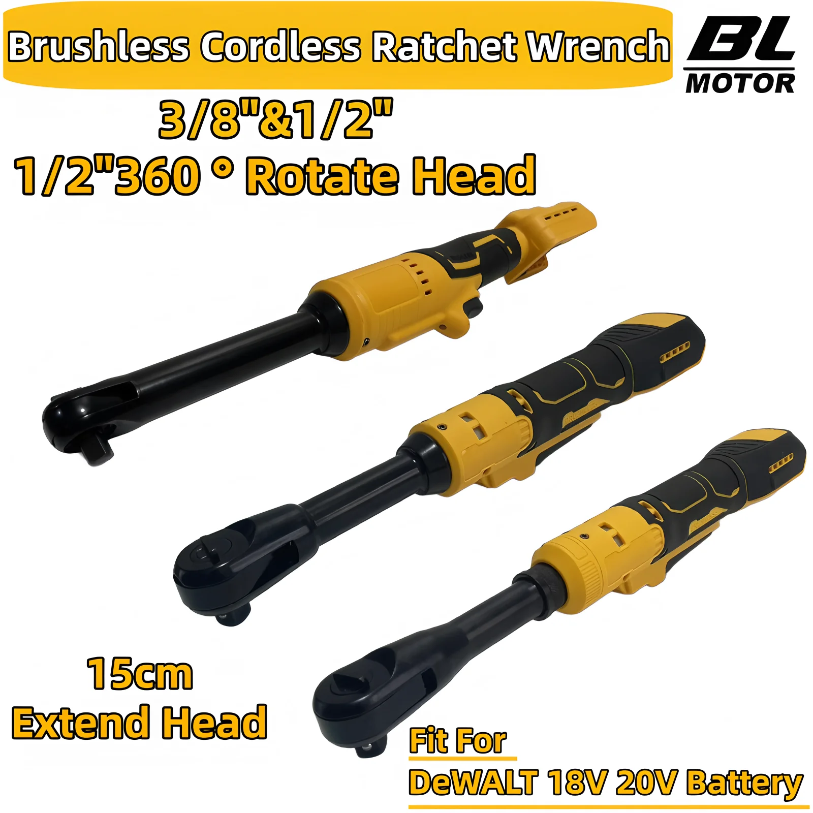 Brushless 6“ Extend Electric Ratchet Wrench 1/2”&3/8" Head 360 ° Rotate Driver Impact Screw Nut Power Tool For DeWALT 20V Battey