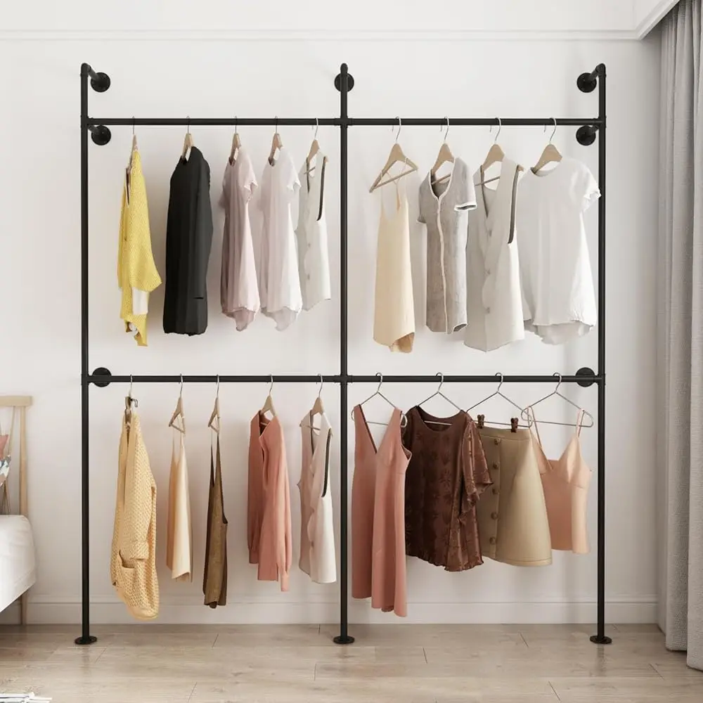 

Industrial Pipe Clothing Rack, Heavy Duty Metal Clothes Ra With Double Rods For Hanging Clothes, Wall Mount Space-Saving