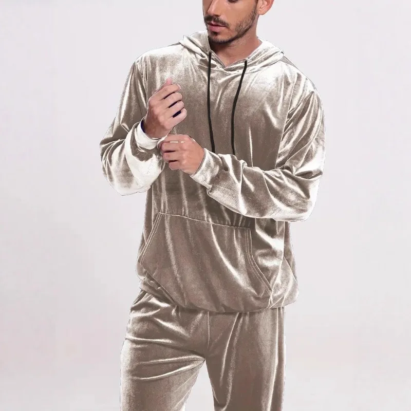 European and American Men's Solid-color Velvet Casual Set, Long-sleeved Hooded Sweatshirt, Tight-fitting Trousers Two-piece Set