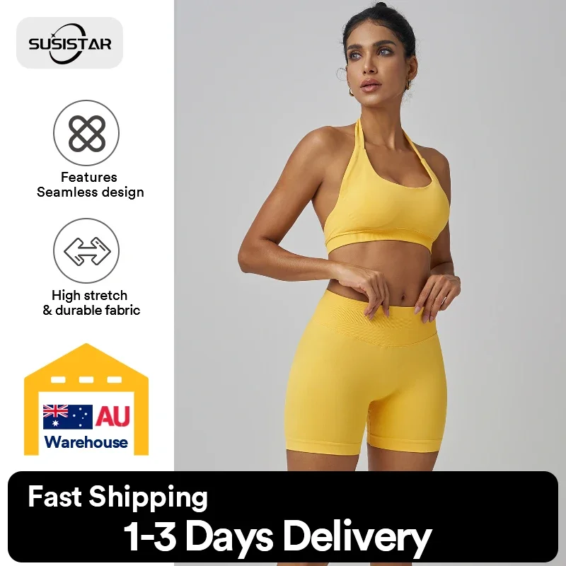 susistar Workout Outfits for Women 2 Piece Seamless Ribbed High Waist Leggings with Sports Bra Exercise