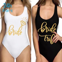 Bride Tribe Print One Piece Swimsuit For Women  Bathing suit Female Lining Bikini Wedding Party Backless Beachwear Bikini