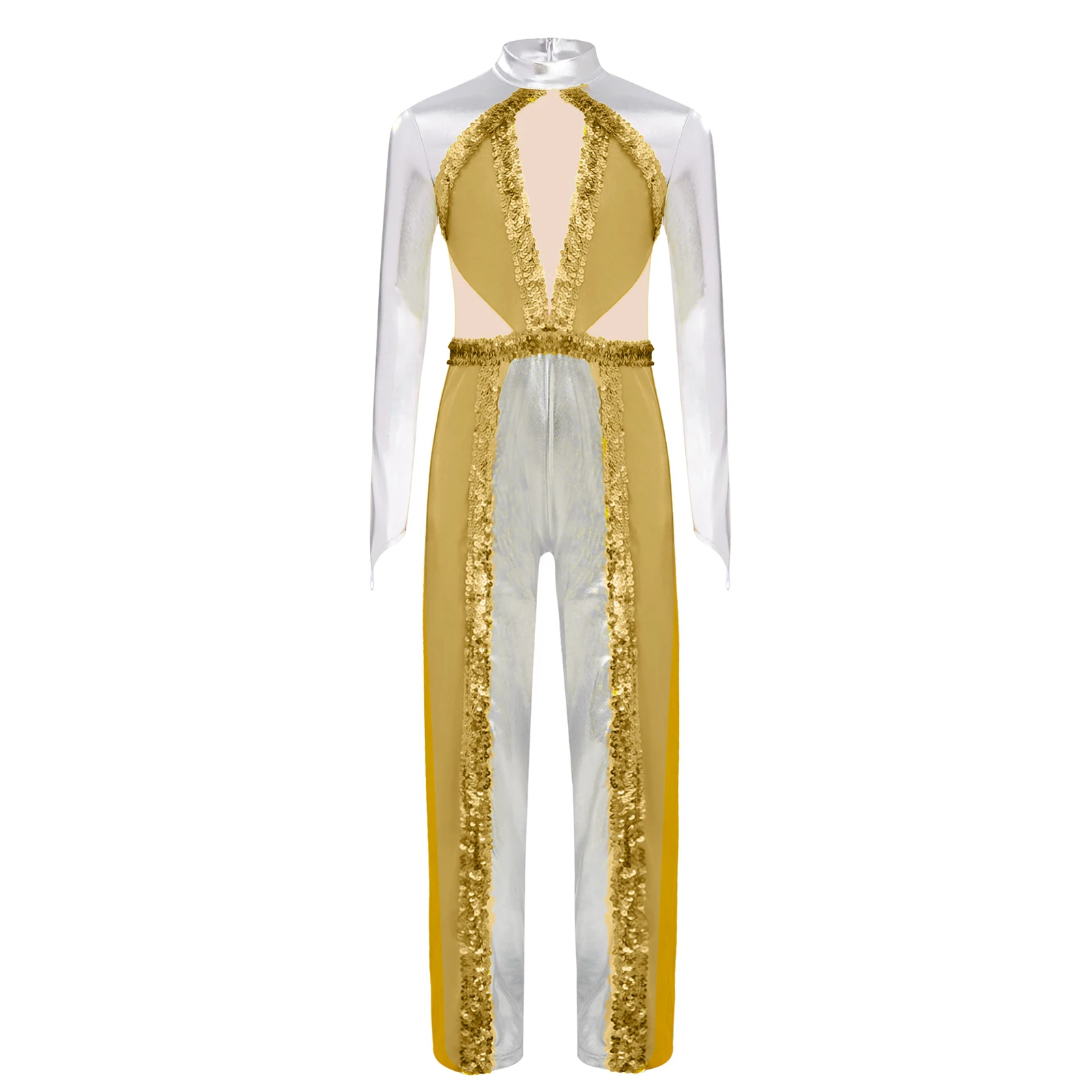 بدلة رقص ليتورجيكال للفتيات الصغيرات بذلة معدنية لامعة ترتر كتلة ألوان بأكمام طويلة شبكية مرقعة بدلة كنيسة