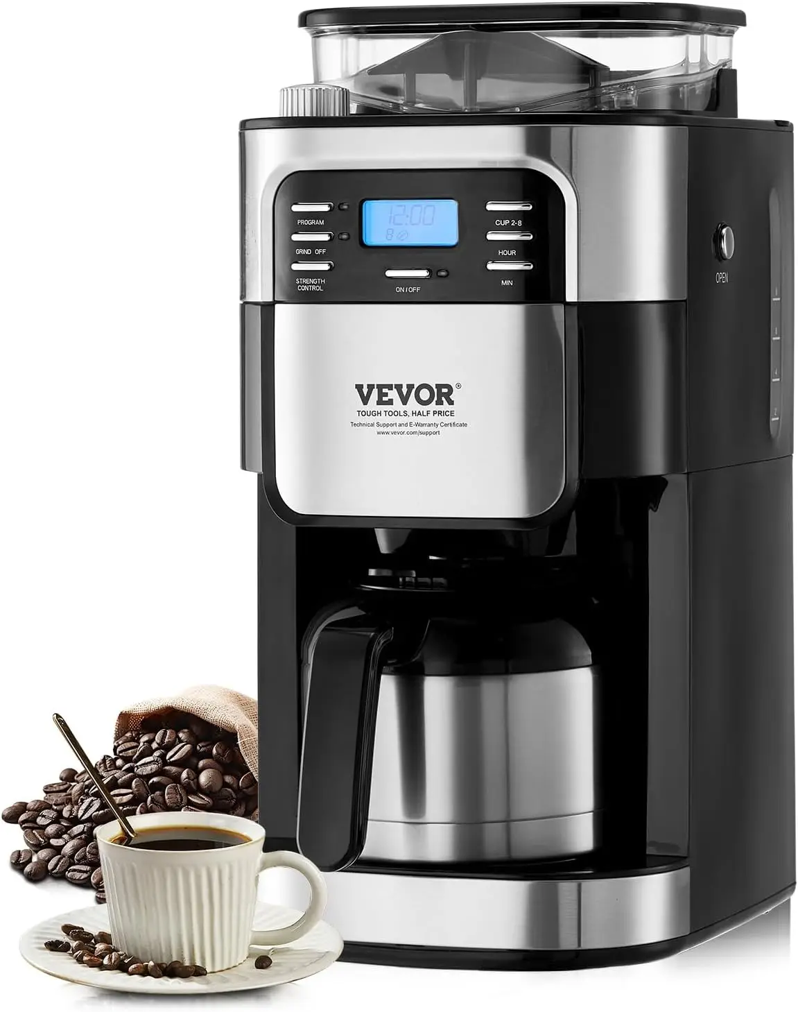 Coffee Maker with Grinder, 8 Cup Coffee Machine, Grind and Brew Coffee Maker with 3 Brew Strength Control, 24-Hour Timer