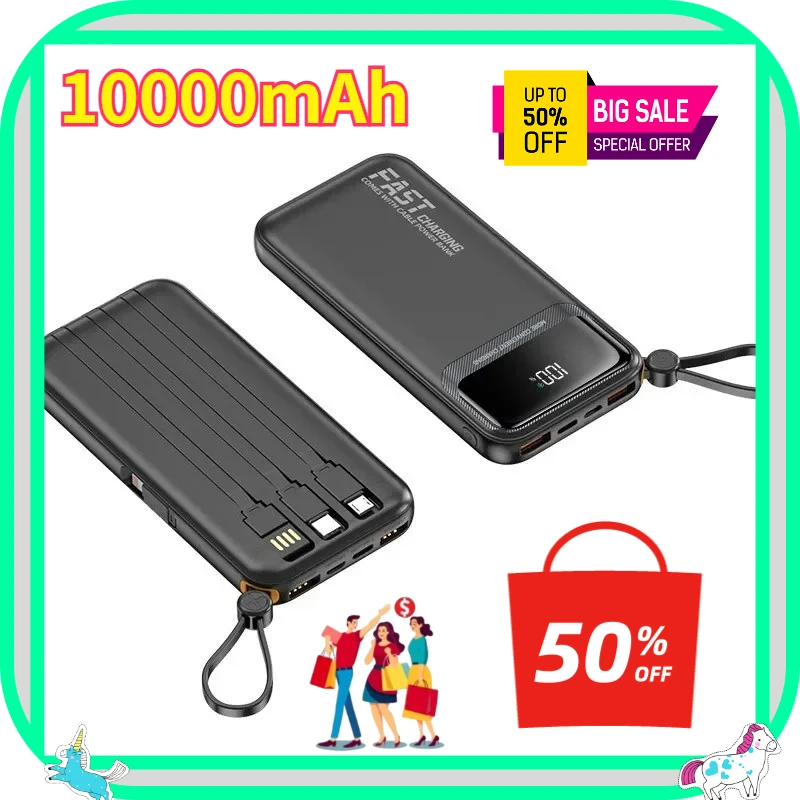 10000mAh Portable Backup Power Bank With Built-in Charging Cable High-efficiency Fast Charging Function