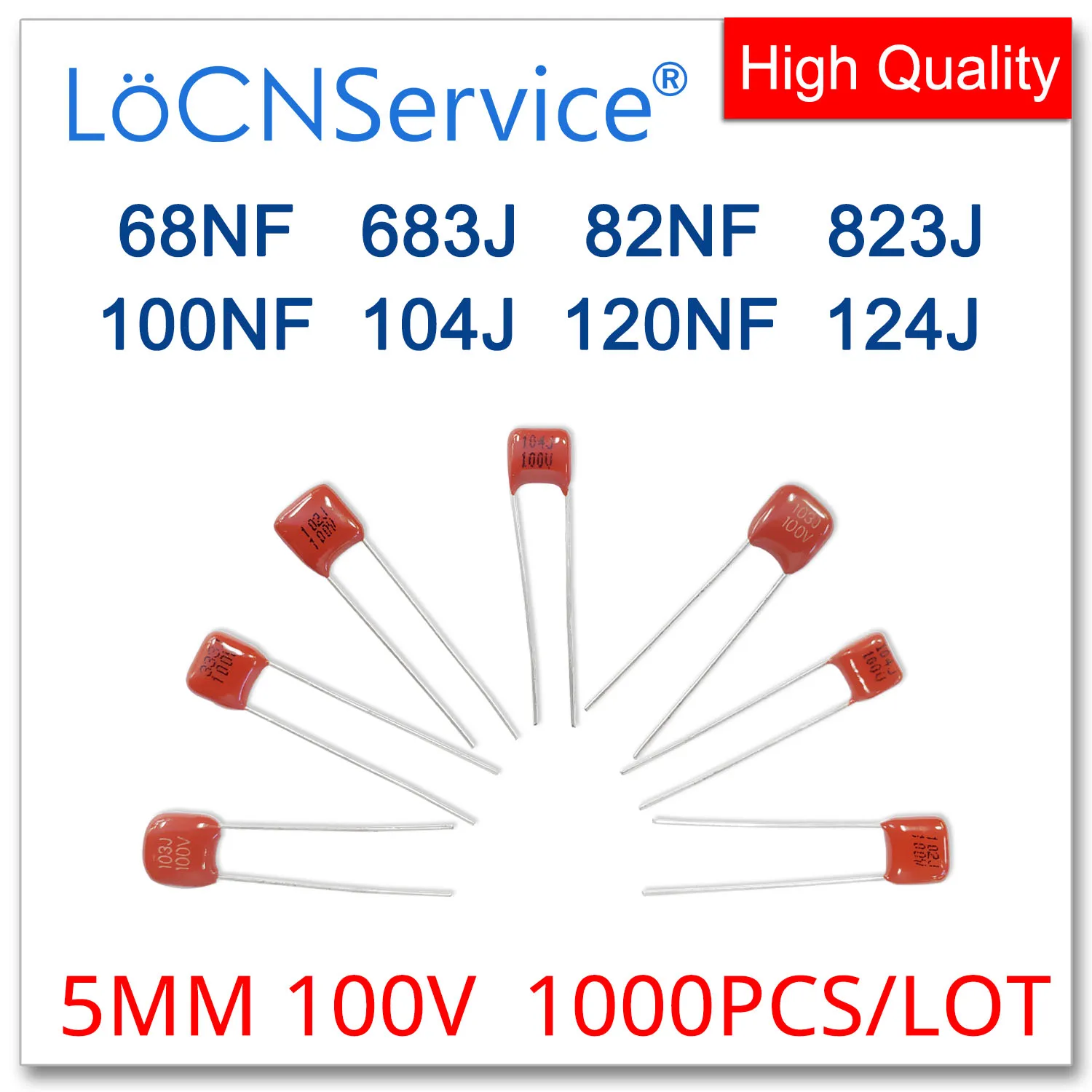 

LoCNService 1000PCS 5MM 100V 68NF 82NF 100NF 120NF 683J 823J 104J 124J CBB Polypropylene Film Capacitor High Quality