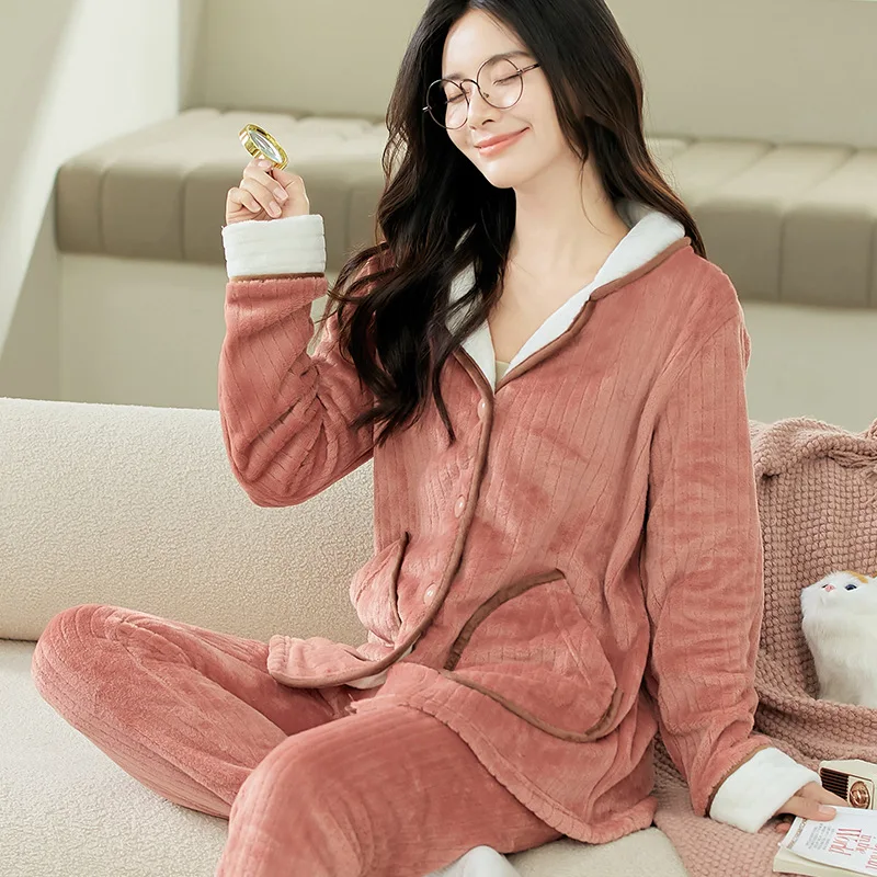 Autumn Winter Solid Color Pajamas Sets Women Flannel Pajamas Long Sleepwear Girl Pajamas Mujer Suits Homewear