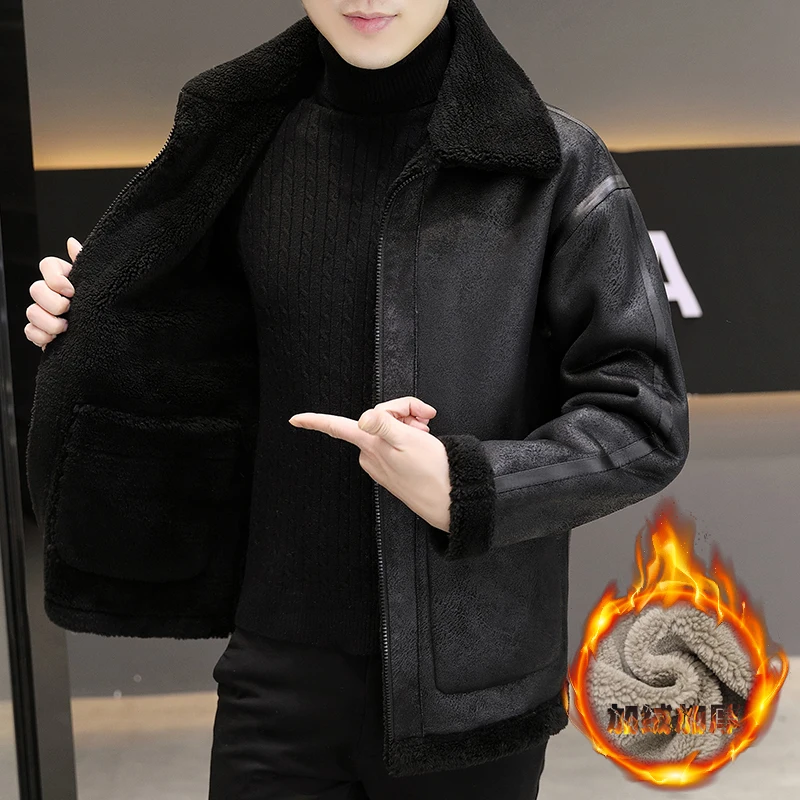 

Autumn/Winter New Men's Fur One piece Imitation Suede Double sided Cotton Jacket with Thick Velvet for Warmth and Retro Design