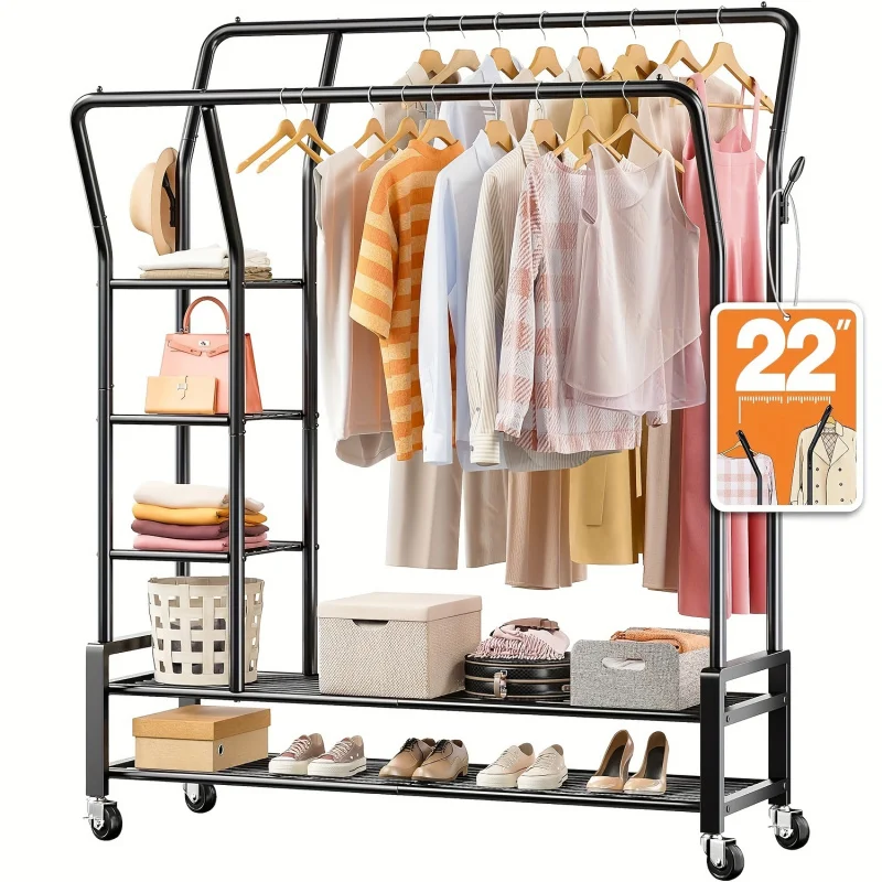 

Metal Hanger，Double Rod with Wheels for Easy Hang Clothes，Rolling Wardrobe Rack Laundry Storage