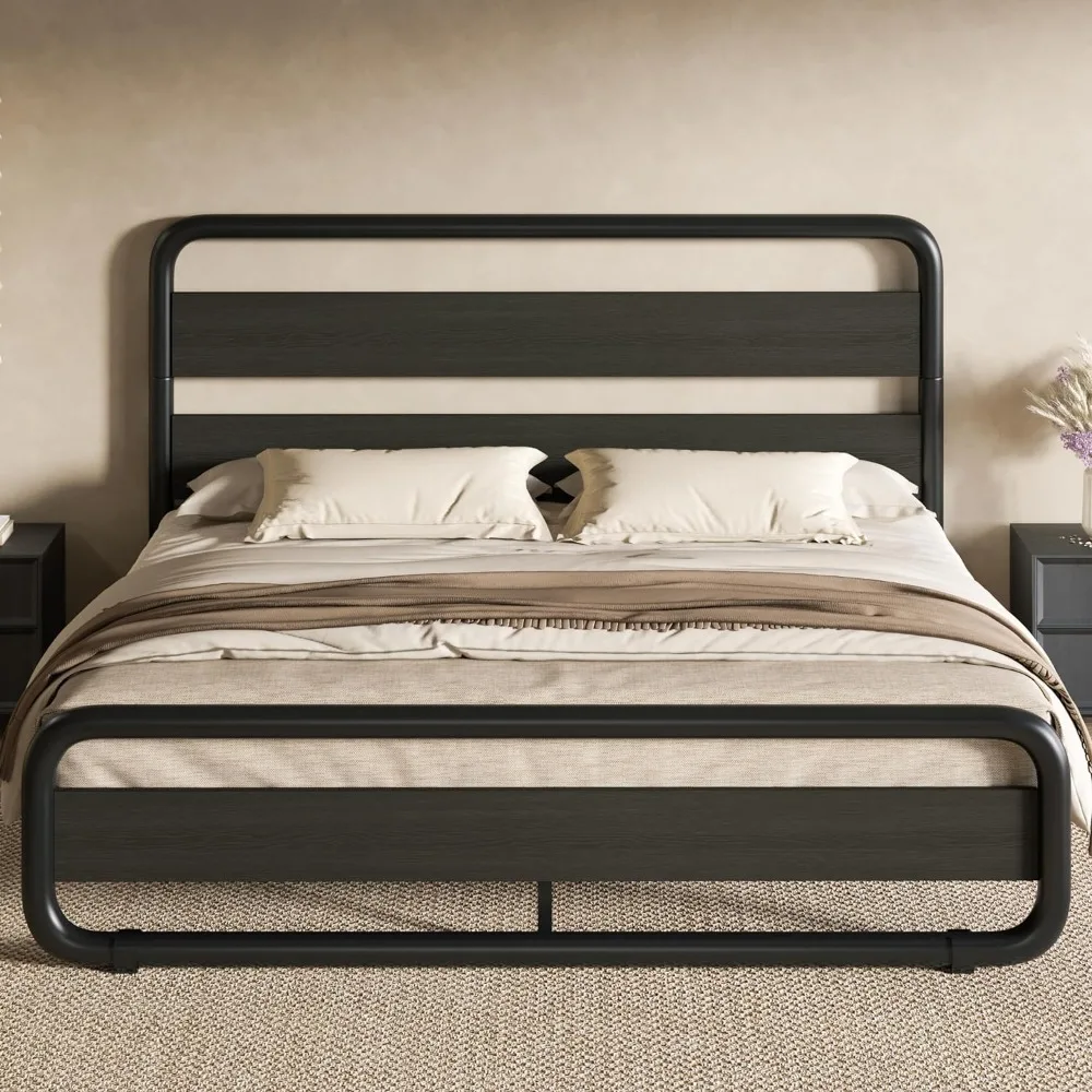 

Full Size Metal Bed Frame with Wooden Headboard and Footboard, Heavy Duty Oval-Shaped Platform Bed Frame