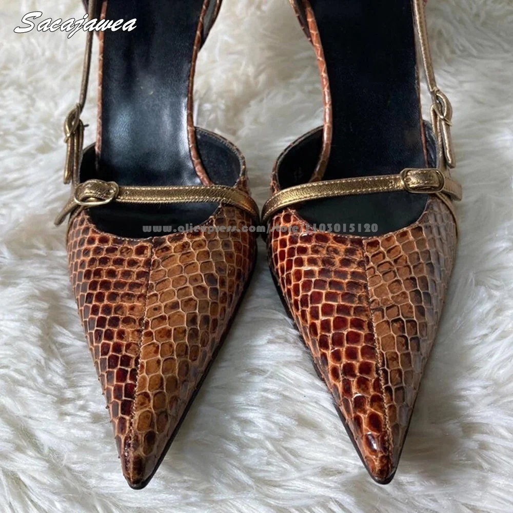 Brown Snake Pattern One Word Belt Shallow Sexy Lady Pumps Size 35-39 Side Empty Hot Girl Sandals Pointed Toe Catwalk High Heels