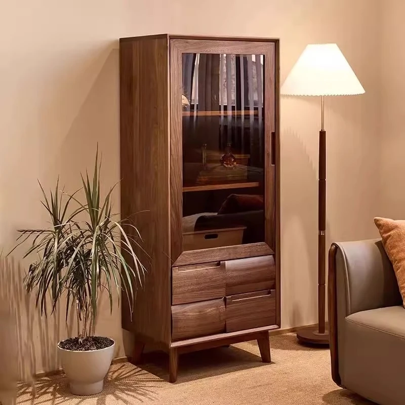 Szafka na wino z litego drewna orzecha czarnego, nowoczesna, prosta szafka ścienna, szafka do przechowywania, szafka z szklanymi drzwiami