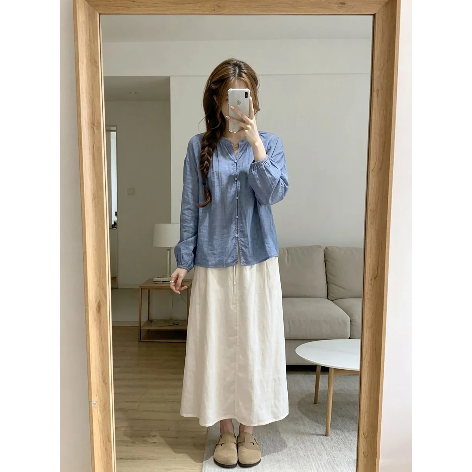 Retro Japanese Blue V-Neck Long Sleeve Women's Shirt Summer Lazy Style Outerwear Loose Cover-Up Top City Walk Pure Color