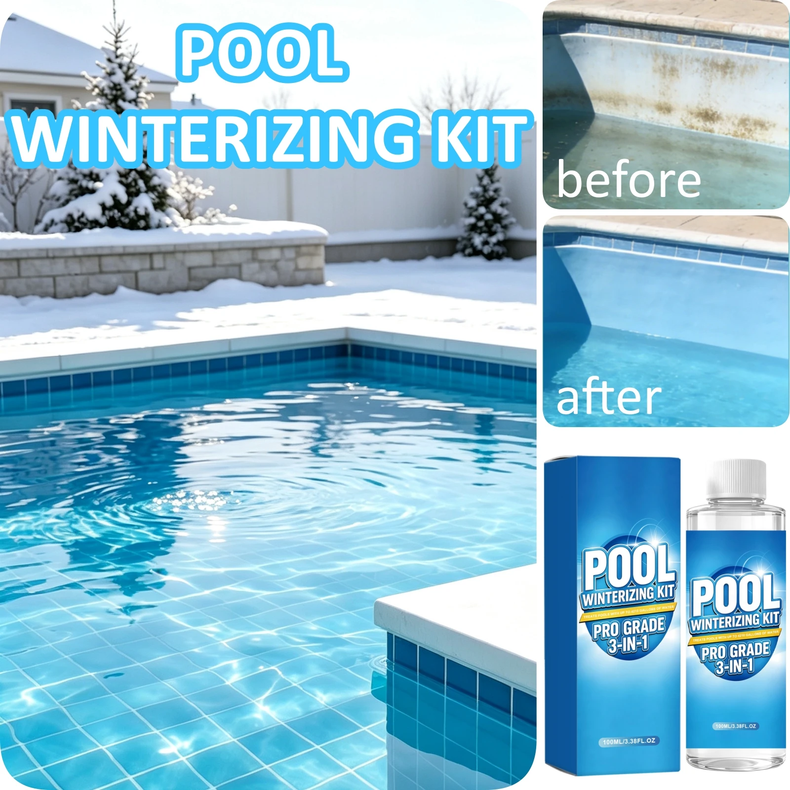 Pool Winterizing Liquid Algae Preventer Clarifier Keep Water Clean Clear Freeze Season 3-In-1 Winter Swimming Pool Closing Agent