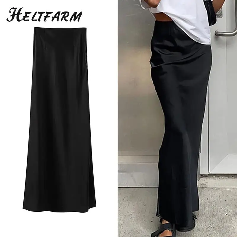 

Fashion Satin Black Long Skirt For Women Y2K High Waist Hip Package Skirts Female 2023 New Casual Loose Skirt Street Wear