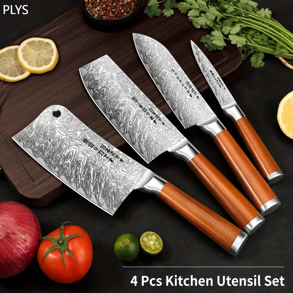 PLYS-Juego de cuchillos de cocina de acero inoxidable, cortador de carne, cuchillo rebanador, cuchillo de fruta, hoja afilada precisa para chopp, regalo de Navidad, 4 Uds.