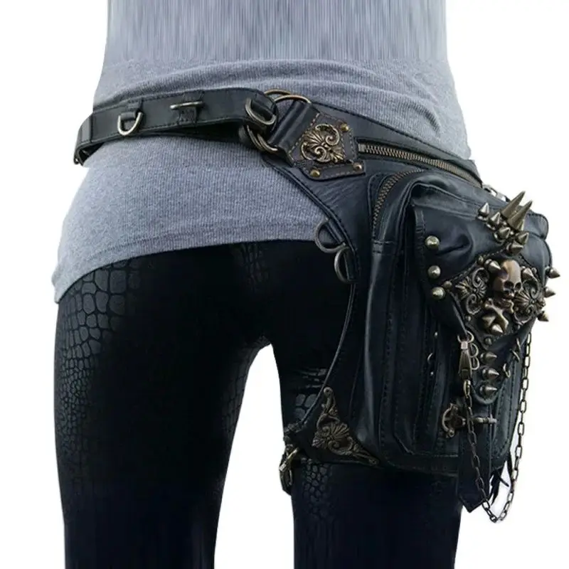 Cool Motorcycle Punk Waist Bag Waist Leg Hip Belt Messenger Shoulder Bag Mobile Phone Waist Bag Fanny Pack Pack for Women Gothic