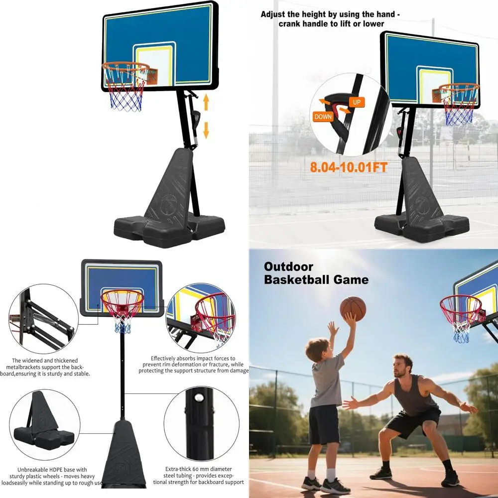 

portable outdoor basketball hoop with 8.04-10ft height adjustment, 44 inch shatterproof backboard, heavy-duty frame for all ages