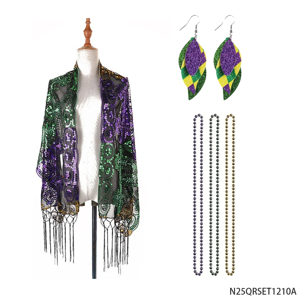 PESENAR Zestaw akcesoriów damskich na Mardi Gras: cekinowa chusta, kolczyki, naszyjnik z koralików, kostium na imprezę