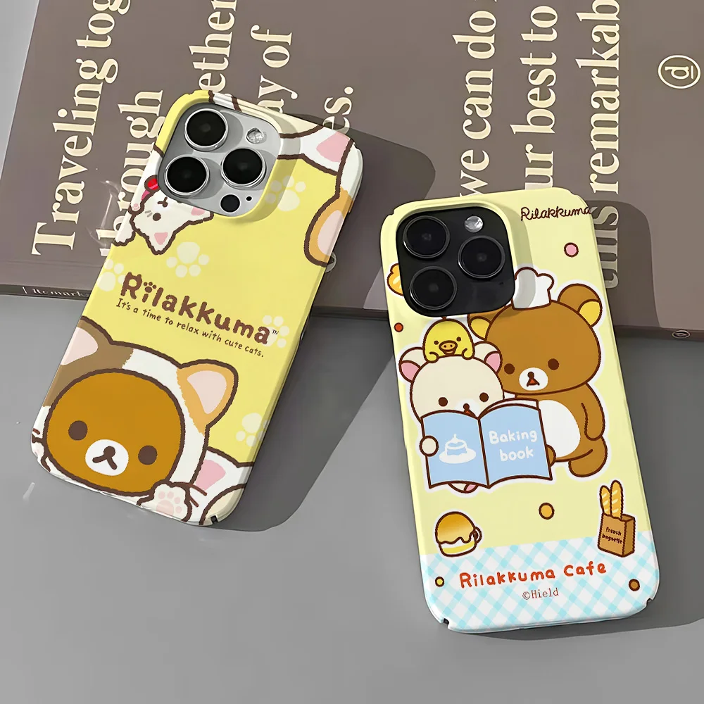 Cartoon Cute Rilakkumas custodia per telefono per iPhone 16 15 14 13 12 11 Pro Max XS XR XSMax 6 7 8 Plus Cover rigida lucida per PC HD