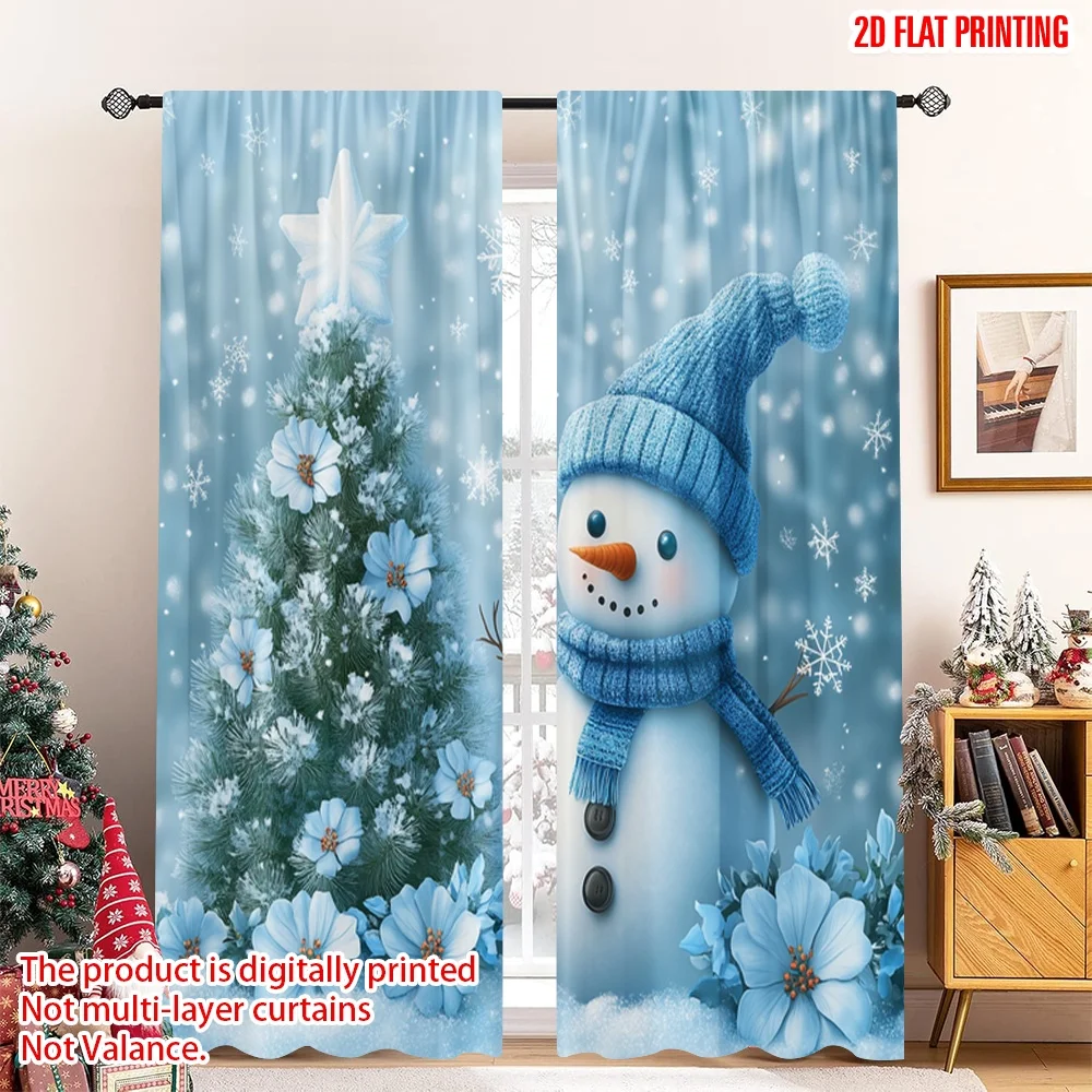 2pcs 2D flat printing Merry Christmas Curtain Cute Snowman Christmas Tree_f (2) Polyester Without Electricity Festive Holiday