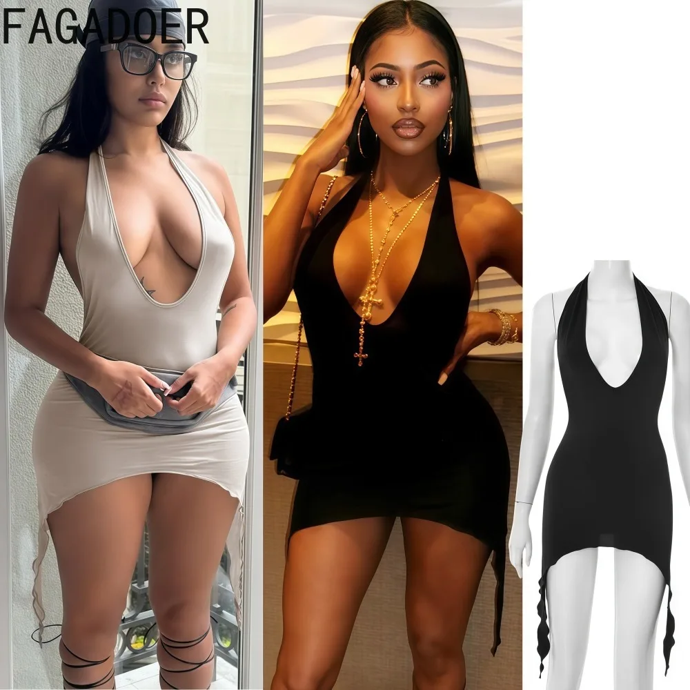 

FAGADOER Sexy Tassels Patchwork Bodycon Mini Dresses Women Halter Deep V-neck Backless Dress Female Party Clubwear Vestidos New