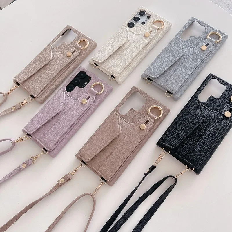 Wrist Strap Crossboby Phone Case for Samsung Galaxy S24 S22 Ultra Plus S23 FE A15 A25 A35 A55 A24 A34 A54 A14 With Card Holder