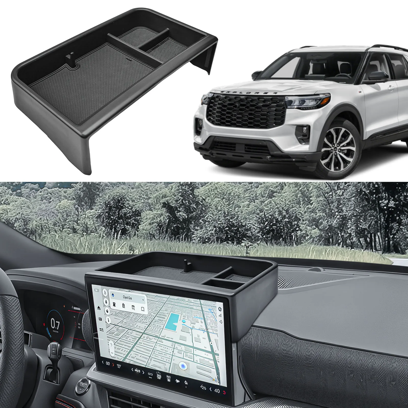 

Center Console Dashboard Organizer for 2025-2026 Ford Explorer 13.2-Inch Behind Screen Dash Board Tray Phone Holder Accessories