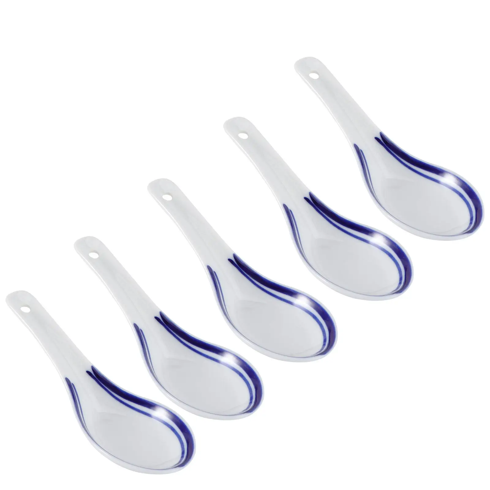 5Pcs Multi-Function Ceramic Soup Spoons Blue and White Porcelain Heat-Resistant Porridge Spoons Tableware Home Restaurant