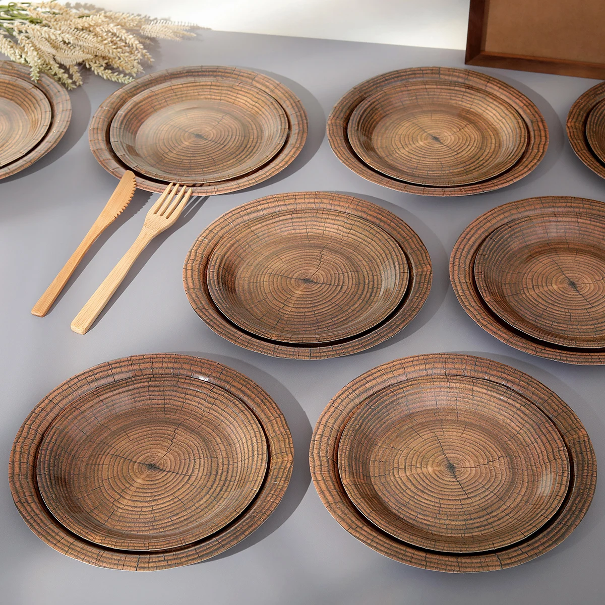 10pcs 7-inch 9-inch retro imitation wood grain disposable plate paper tray birthday party holiday party decoration household ite