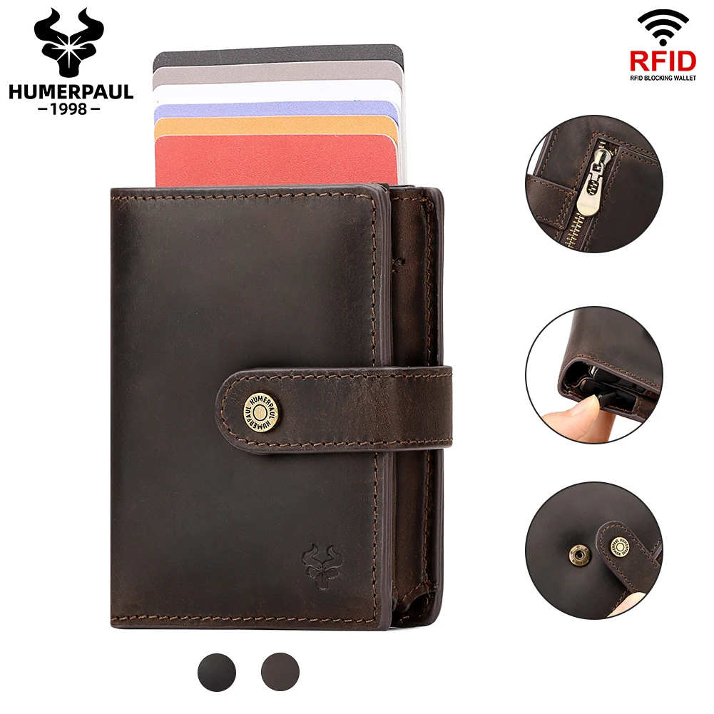 

RFID Double Credit Card Holder Case Crazy Horse Leather Automatic Push Smart Wallet for Cards and Coins Security Aluminum Purse