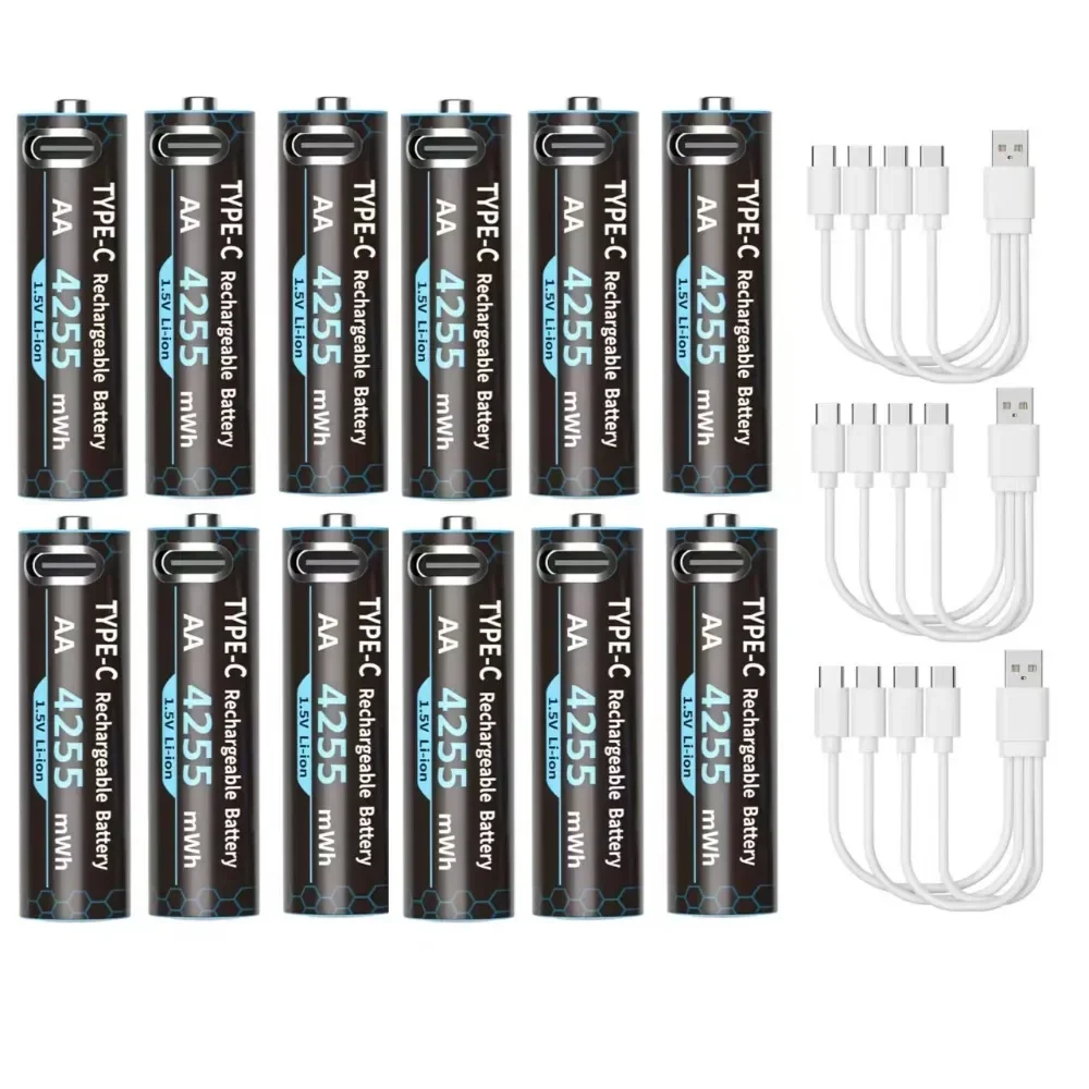AA AAA 1.5V Lithium Rechargeable Batteries 4255mWh 1100mWh with Type-C USB Port Charging Cable For Remote Control Toys