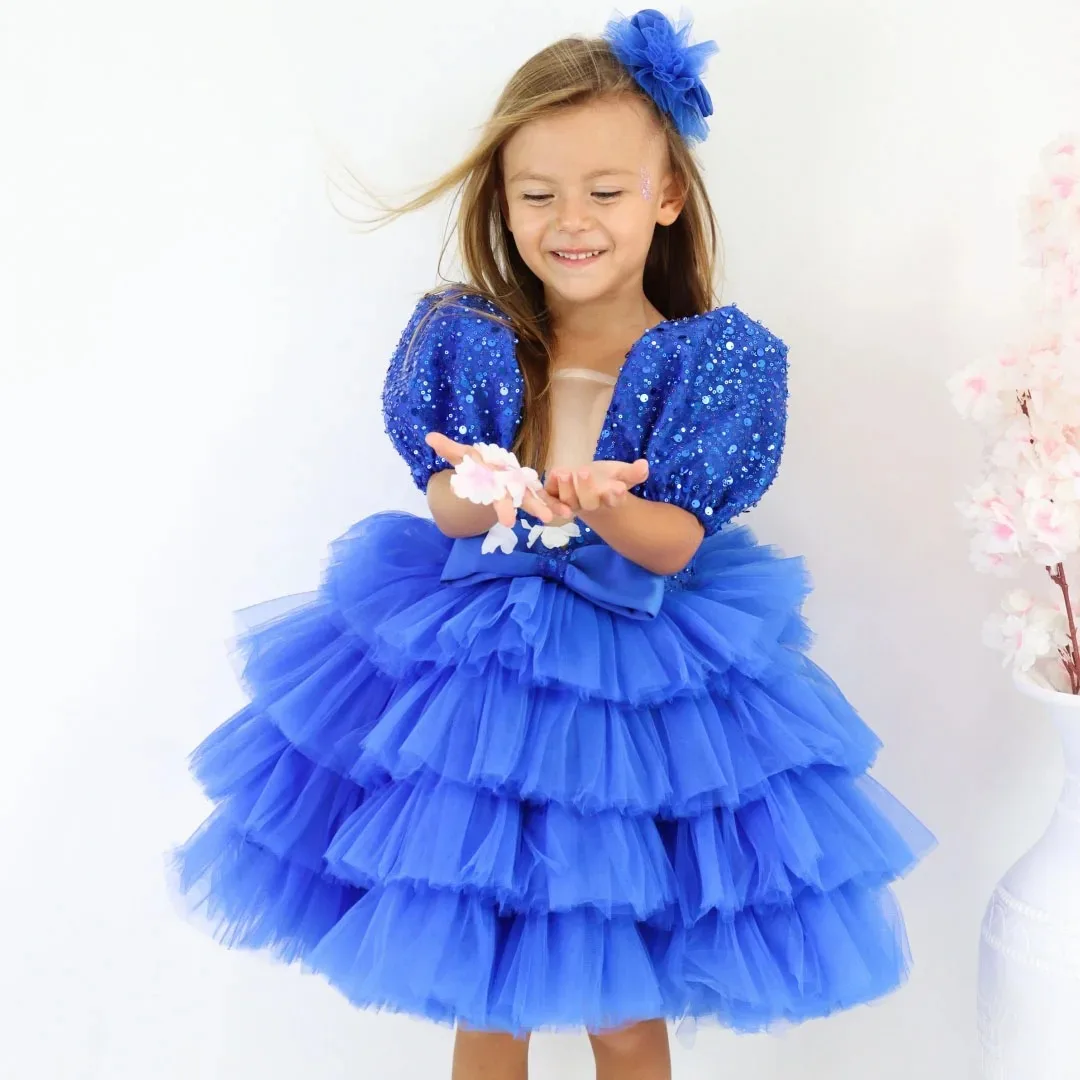 Customized Blue Flower Girl Dress Sequins Layered Knee Length First Communion Ball Birthday Graduation Ceremony Wedding Party