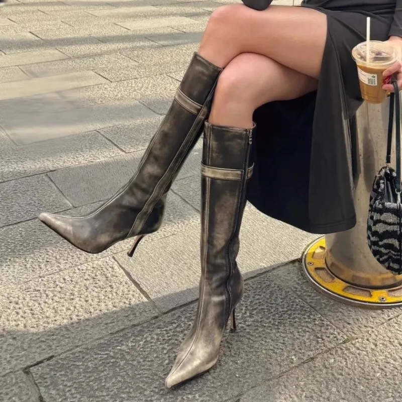 

Retro Women's Shoes Luxury Genuine Leather Knee High Boots for Woman French Pointed High Heeled Boots Designer Shoes Botas Mujer