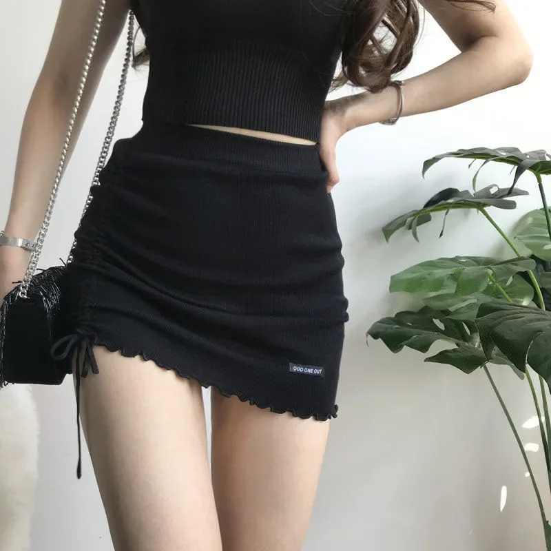 

Y2K Black Mini Skirts Women Elastic High Waist Drawstring Slim A Line Skirt Sexy Club Korean Folds Knitted Bodycon Skirts