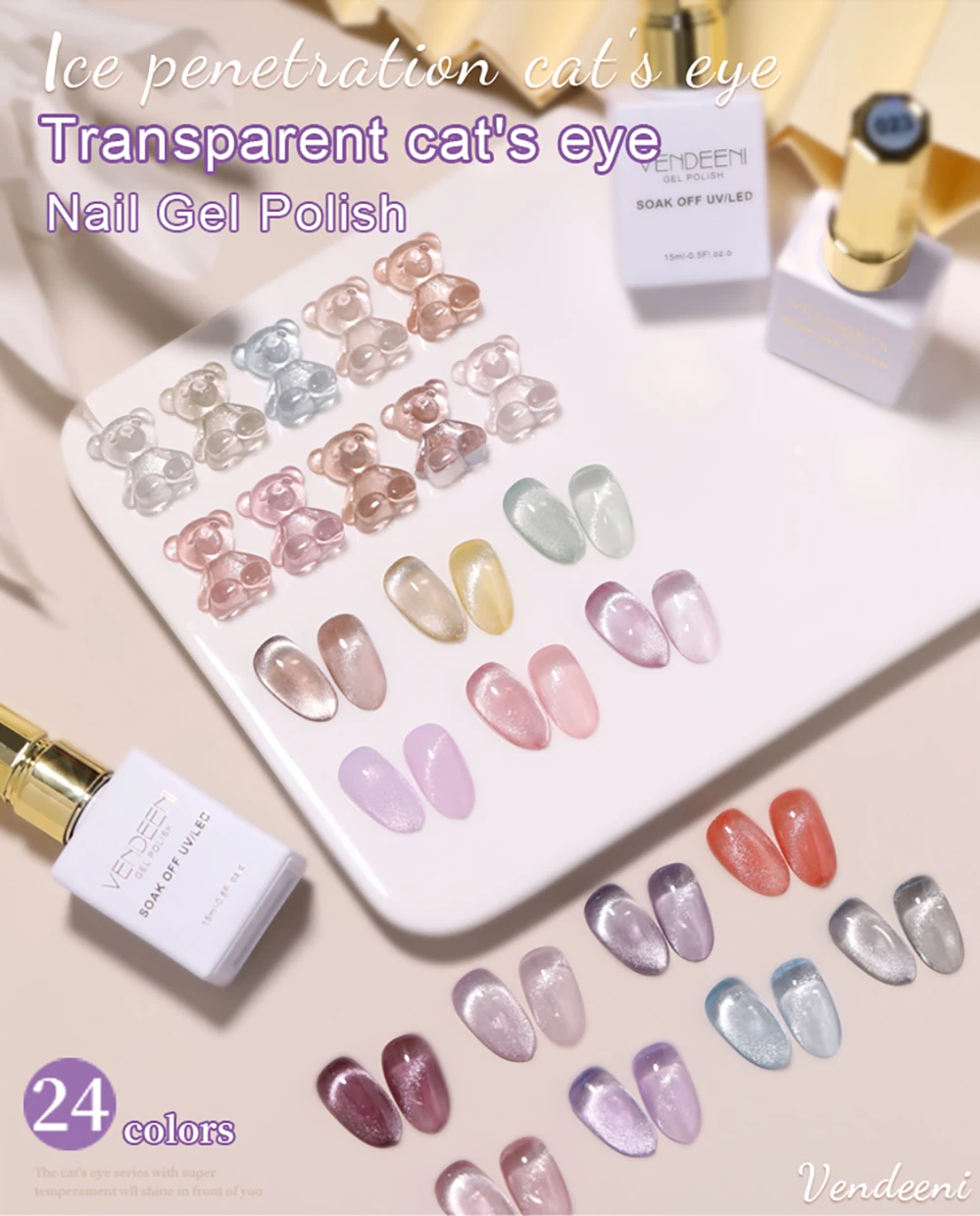 Vendeeni 24 Farben/Set Jelly Transparenter Kristall-Katzenaugen-Gel-Nagellack Magnetischer Katzenaugen-UV-Soak-Off-Gel-Lack mit Display – Detail 1
