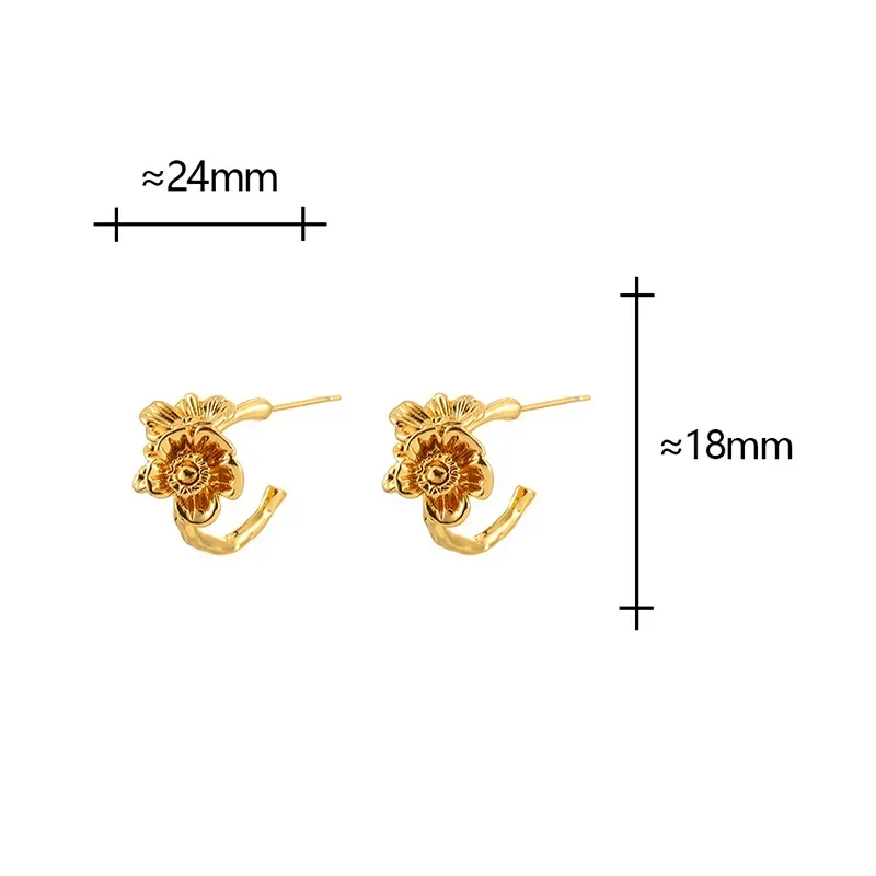 

Real 925 Sterling Silver 18K Gold Flower Letter C Stud Earrings for Women Minimalist Vintage Fine Jewelry Plant Accessories