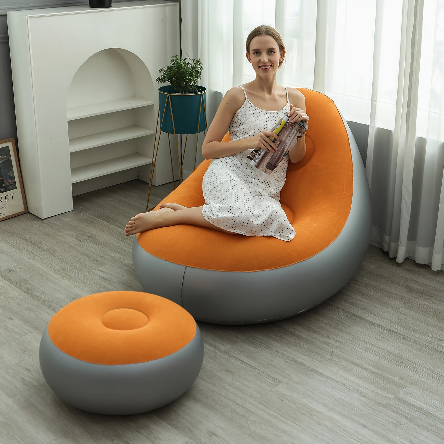 Inflatable Lounge Chair for Adults, Folding Portable Lazy Sofa with Foot Stool ,Air Couch Sofa for  Livingroom and Bedroom