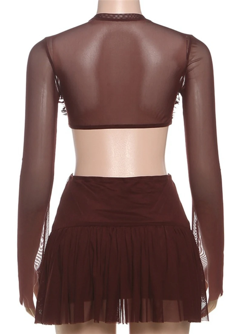 SsTss Sexy See Through Mesh Short Dress Women Fashion New O Neck Long Sleeve Cutout High Waist A Line Mini Party Club Dress