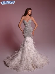 Exquisite Beads Feather Evening Dress Sexy Deep V-neck Sleeveless Wedding Party Gowns For Women Customized Mermaid Cocktail Gown