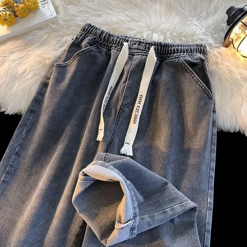 Wide Leg Jeans Women's Fashion Loose Elasto Waist Lace Straight All-Match Dipped Denim Pants 2024 New Spring Autumn Trousers