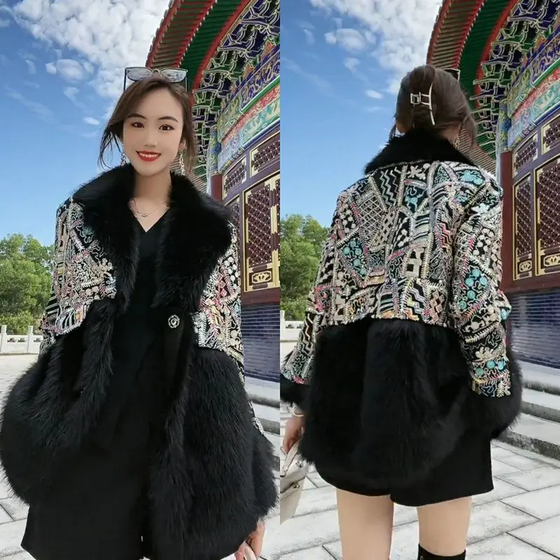 Faux Fur Coat for Women,Sequins Jacket,Covered Button Loose Long Overcoat, Thick Warm Female Clothing,New,High Quality,Winter