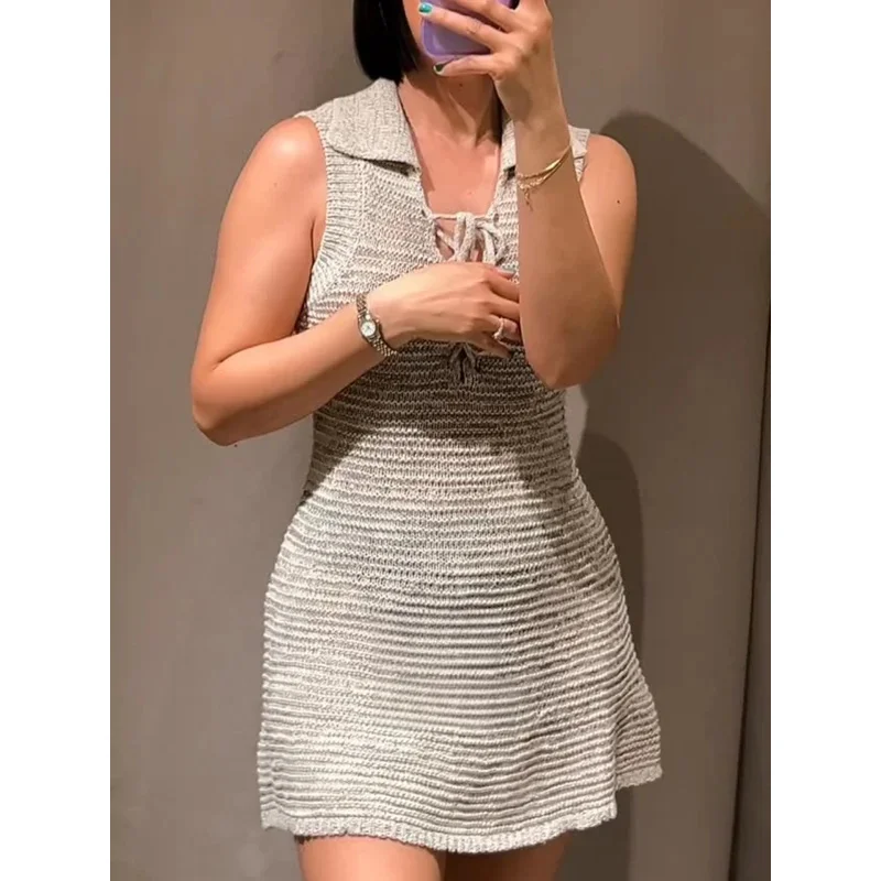

Women's Lace-Up V-Neck Sleeveless Mini Dress Knitted Slim Fit A-Line Casual Summer Beach Fashion Sexy Short Dress