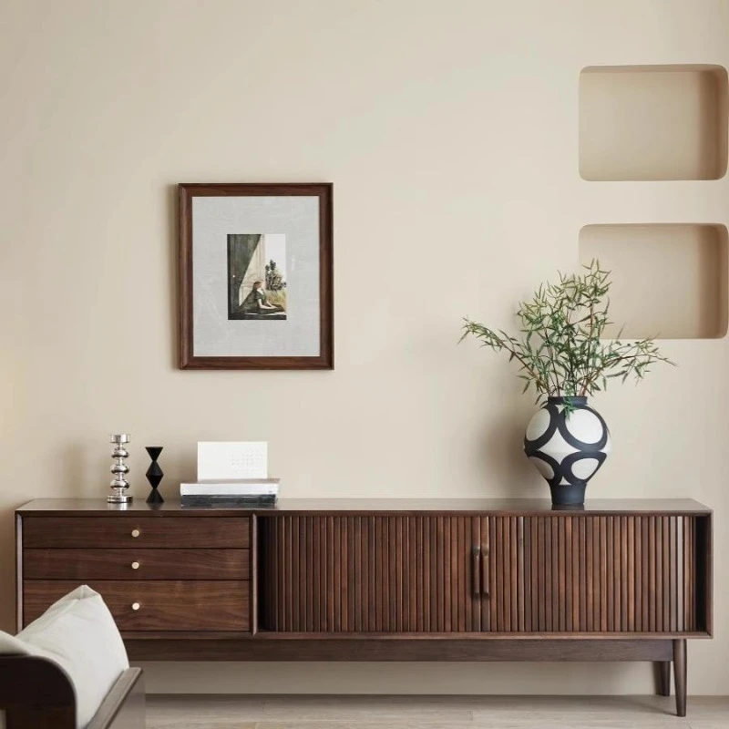 Modern simple solid wood TV cabinet, light luxury small apartment family living room Nordic retro floor TV cabinet combination