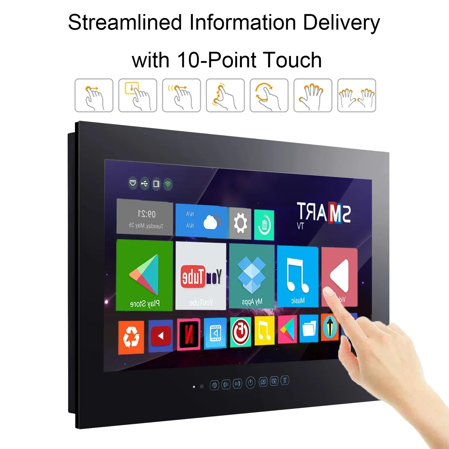 27 Inch Smart Touch Screen TV for Bathroom IP66 Waterproof Android Television(Black)