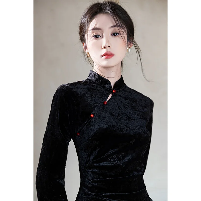 

Ele Bla Velvet Dr Simple New Chinese Sle Повседневная одежда для похудения Long Sve с низким разрезом для женщин