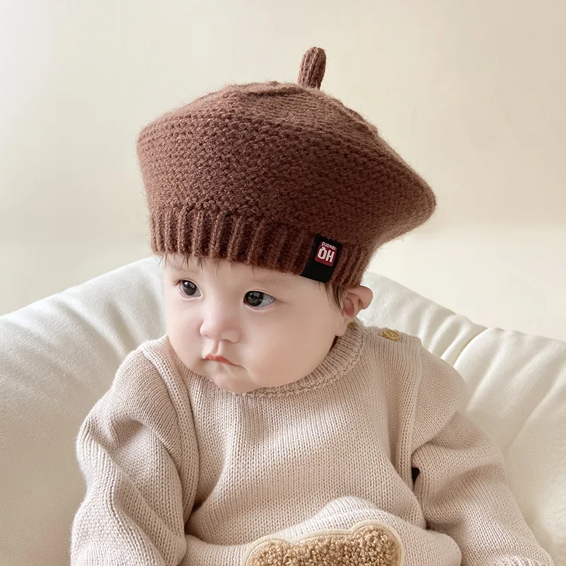 

Flower Baby Knit Beret Winter Warm Beanies 1-6year Boy Girl Kids Artist Painter Cap Solid Color Children Woolen Crochet Bonnet