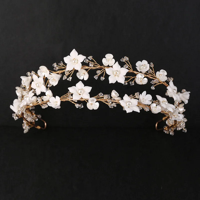 Gold Color Double-layer Crystal Bridal Headwear, Hair Jewelry Ceramic Flower Pearl Crown For Women Wedding Hair Accessories