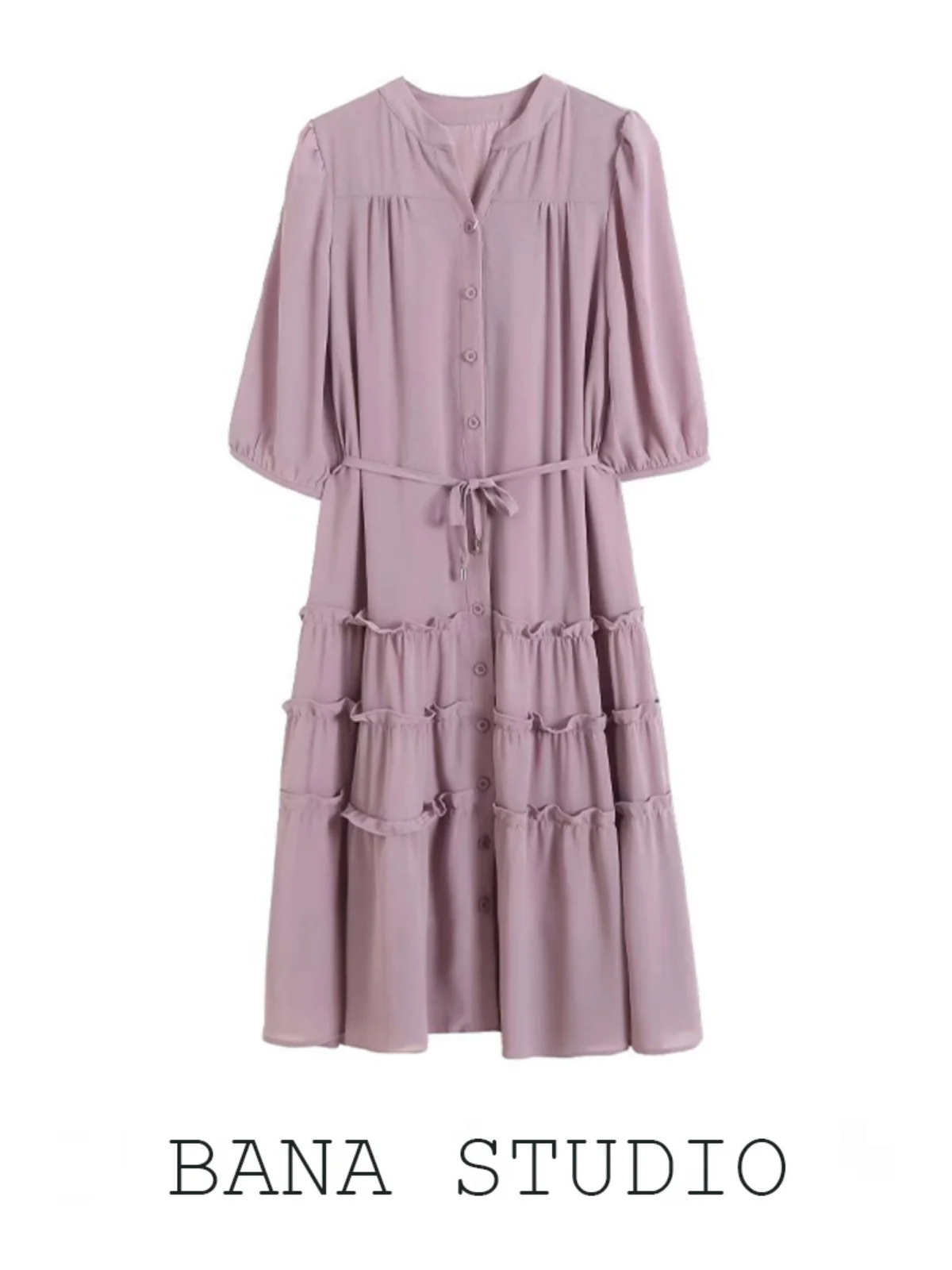 Ele Light Purple irt Dr V-Ne f Sve Waist-Cinching Tea Break Dr Women Summer Gentle Sle OL Commute Pure ...