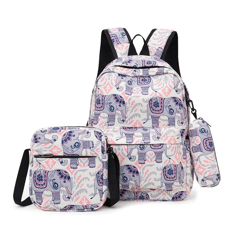 New Fashion Retro Printed Canvas backpack Backpack Female Student Three Piece Set