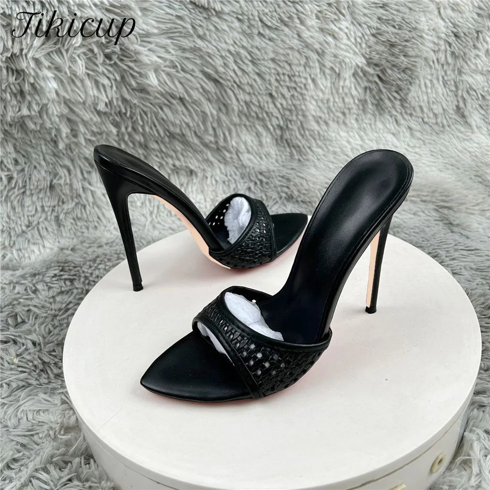 

Новые дышащие черные тапочки на высоком каблуке 12 см с острым носком на шпильке, белые уличные тапочки из искусственной кожи для ночного клуба, женская обувь